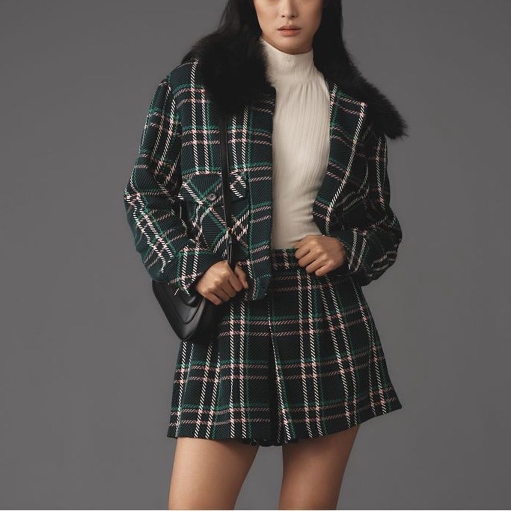 Maeve Plaid Crop Faux Fur Collar Coat